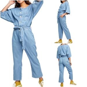 NWT Free People Marley Belted Tie Waist Lightweight Puddle Leg Denim Jumpsuit